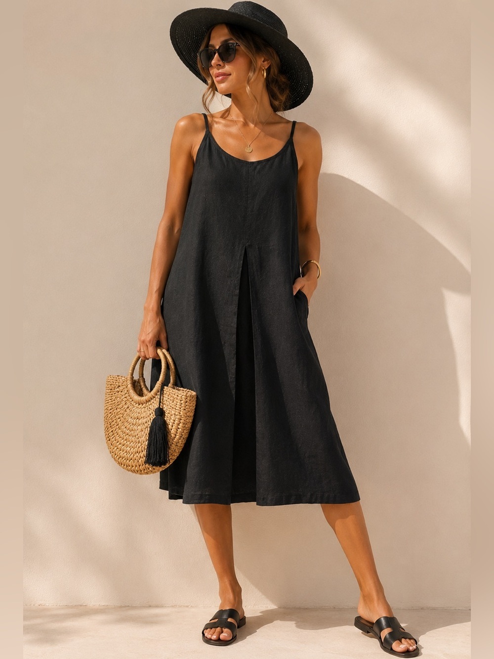 FLAX 100% Linen Black Sleeveless Midi Dress Size S